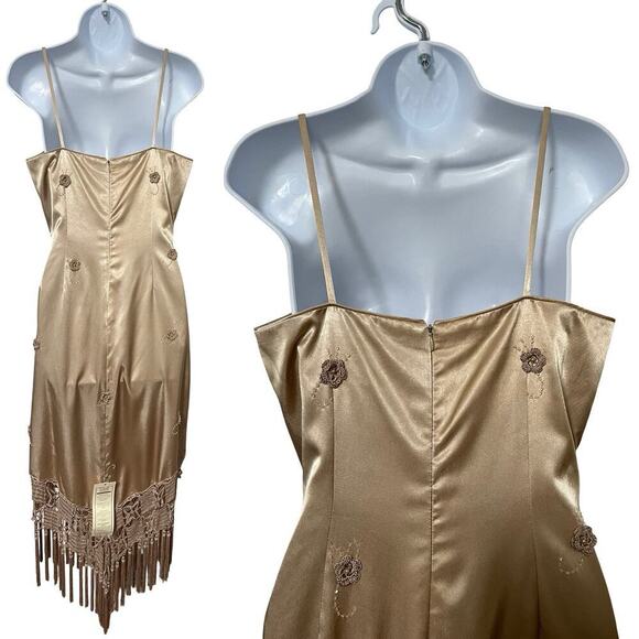 VTG Cache Satin Macrame Fringe Beaded Midi Dress Size 8 Formal Event Y2K Fairy - Picture 3 of 11